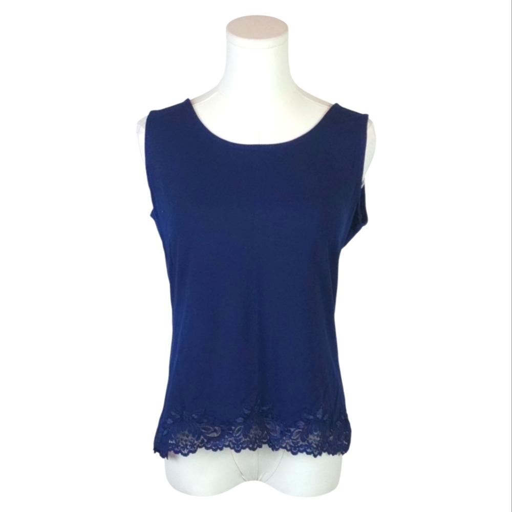 Coldwater Creek Navy Blue Sleeveless Tank Top Size M – Cotton Stretch Lace Hem